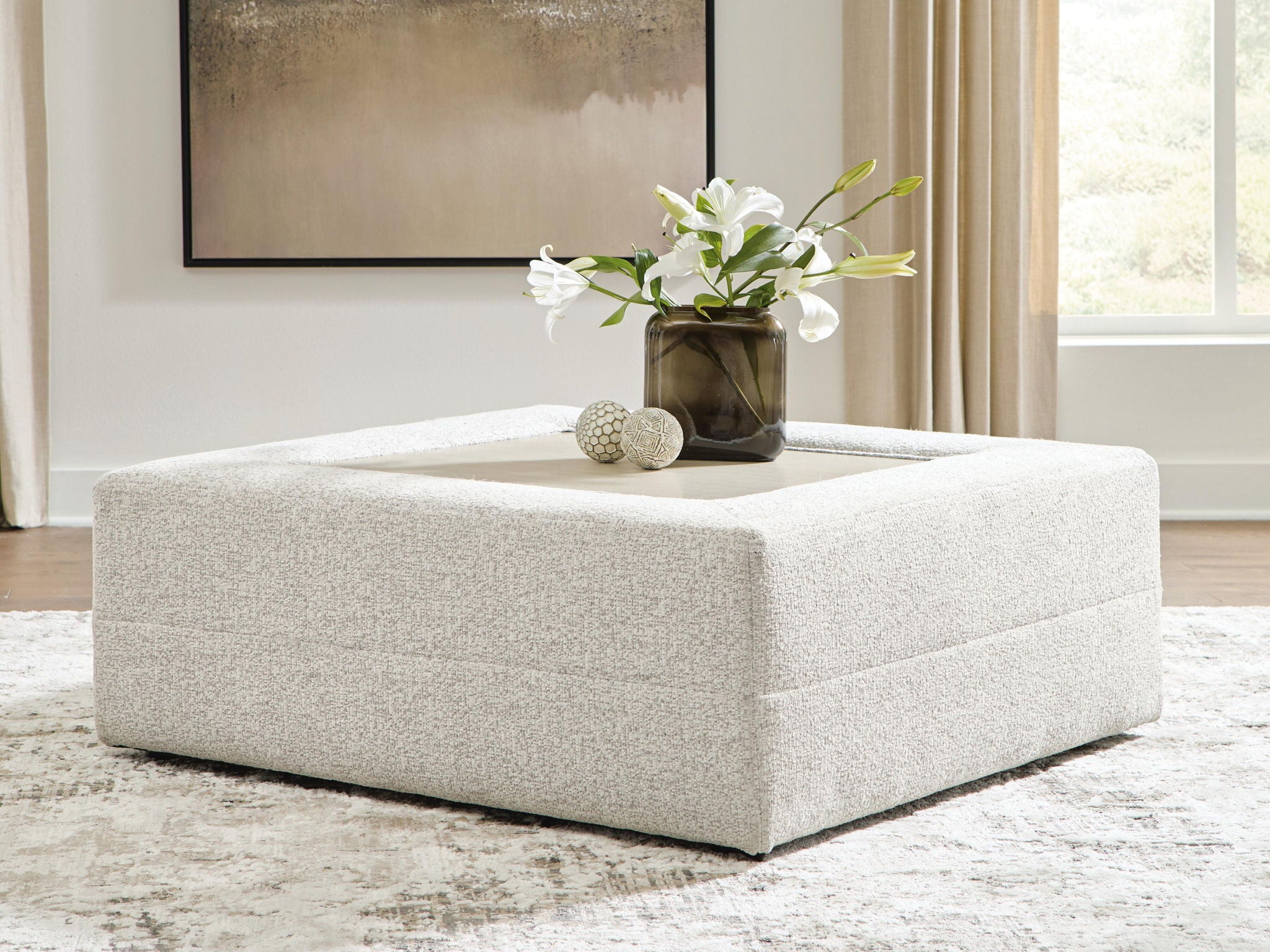 Oversized accent ottoman, snowstone beige textured upholstery, open top square cushion