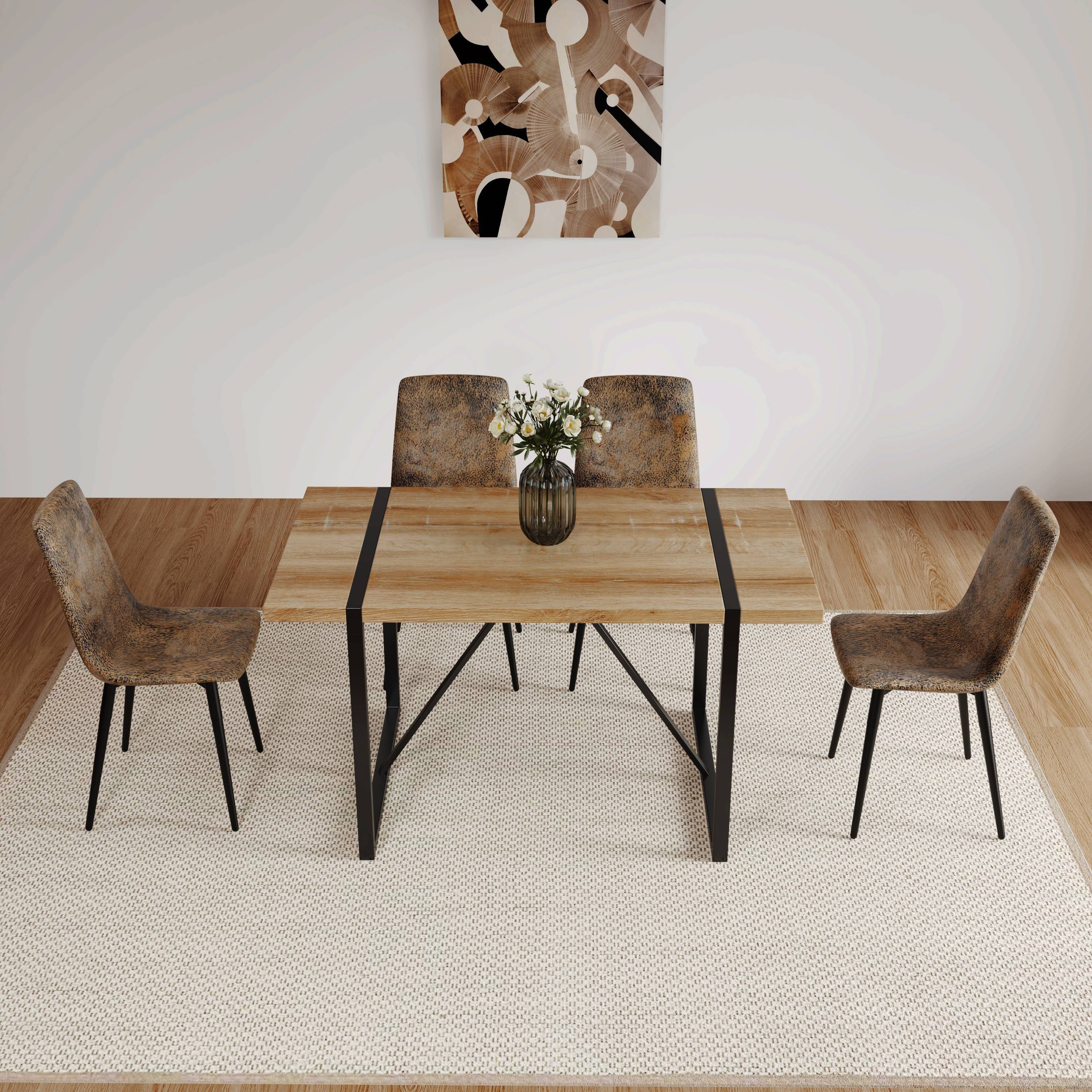 55" MDF Dining Table & 4 Suede Chairs Set