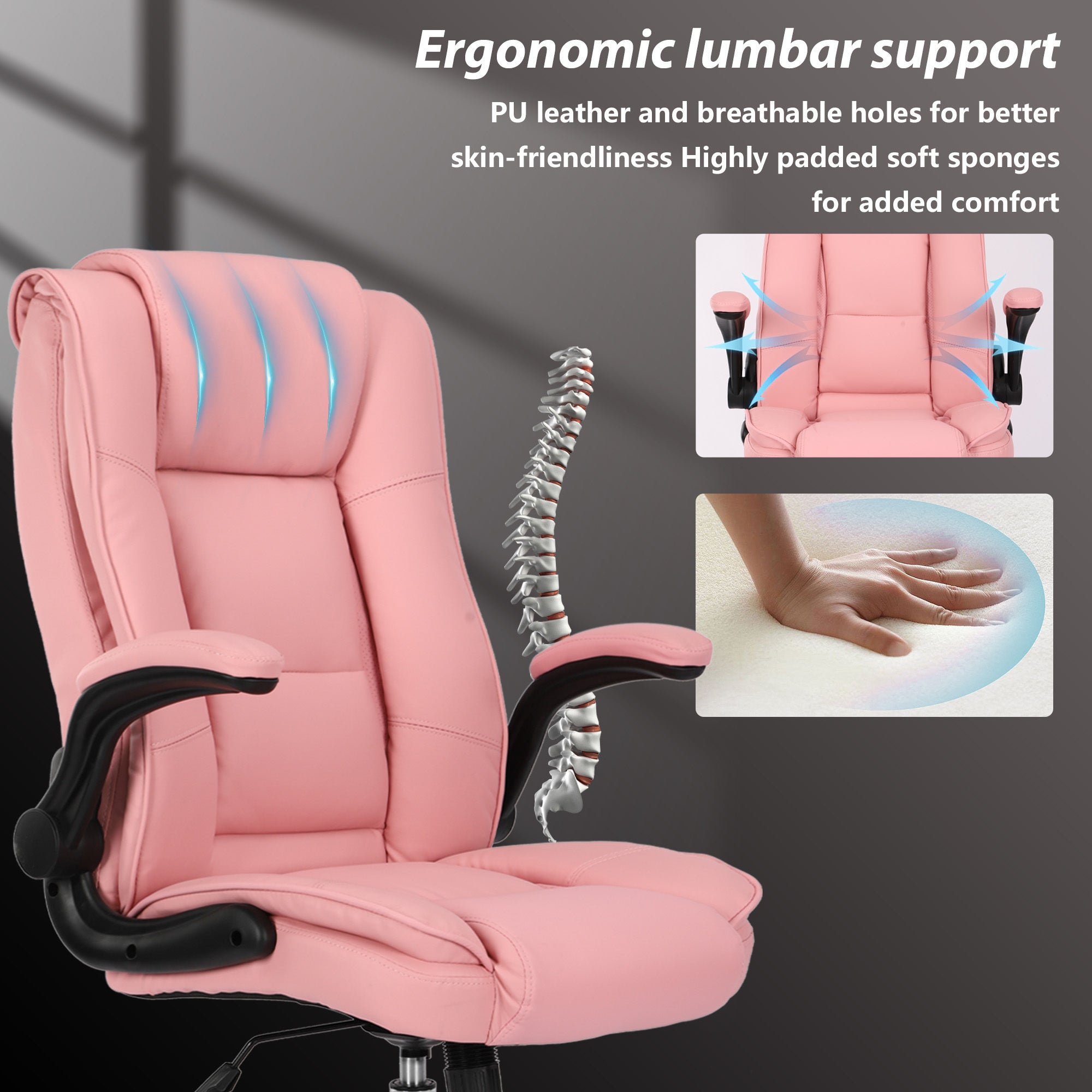 Pink Executive Office Chair Leather Flip-Up Armrests