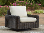 Swivel glider lounge chair with dark brown wicker and beige upholstered seat