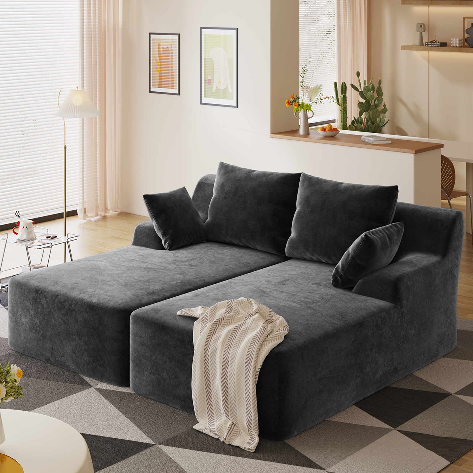 78" Black Velvet Dual Chaise Sectional Sofa Deep Seat Sleeper