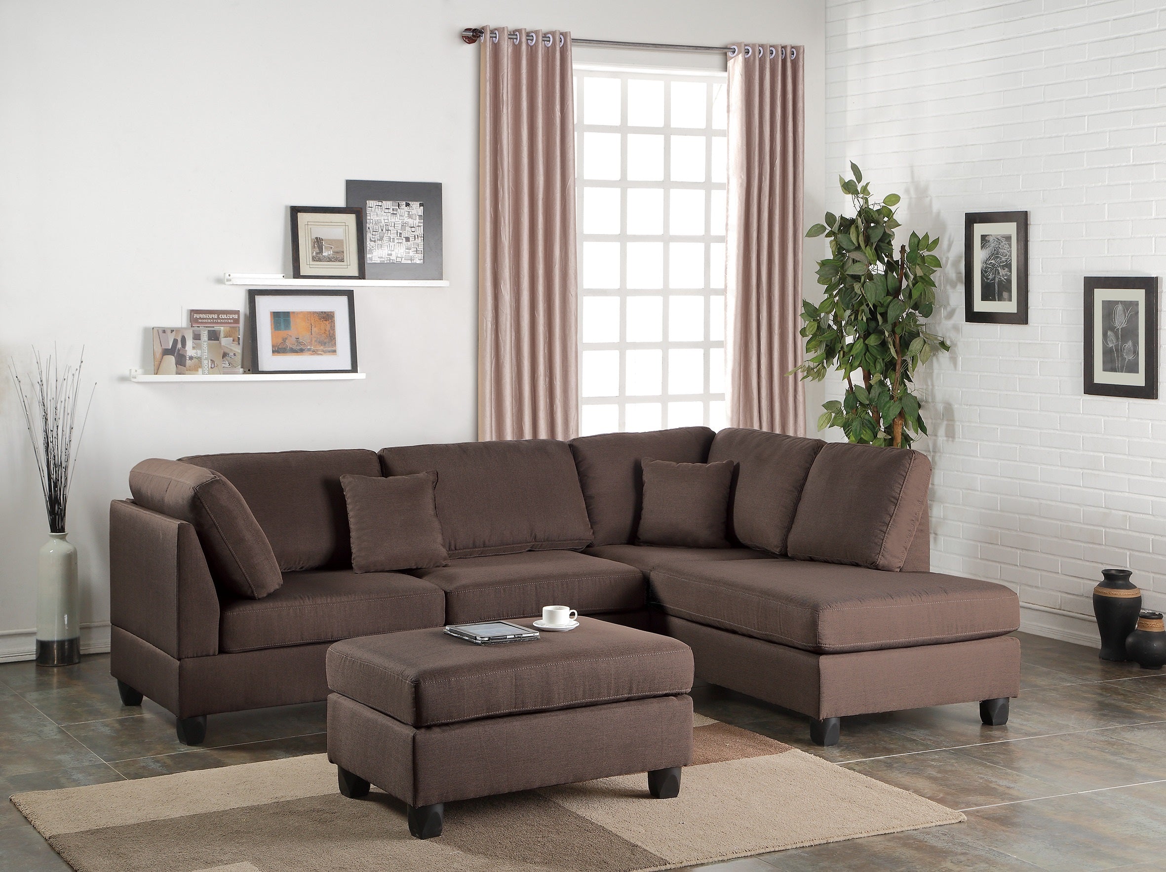 Chocolate 3-Pc Sectional Sofa Reversible Chaise Ottoman