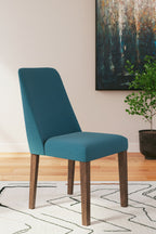 Upholstered dining chair with teal fabric and dark wood legs