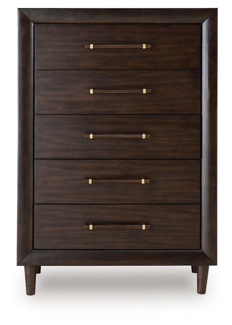 Five-drawer chest with brass bar pulls on a dark wood front panel