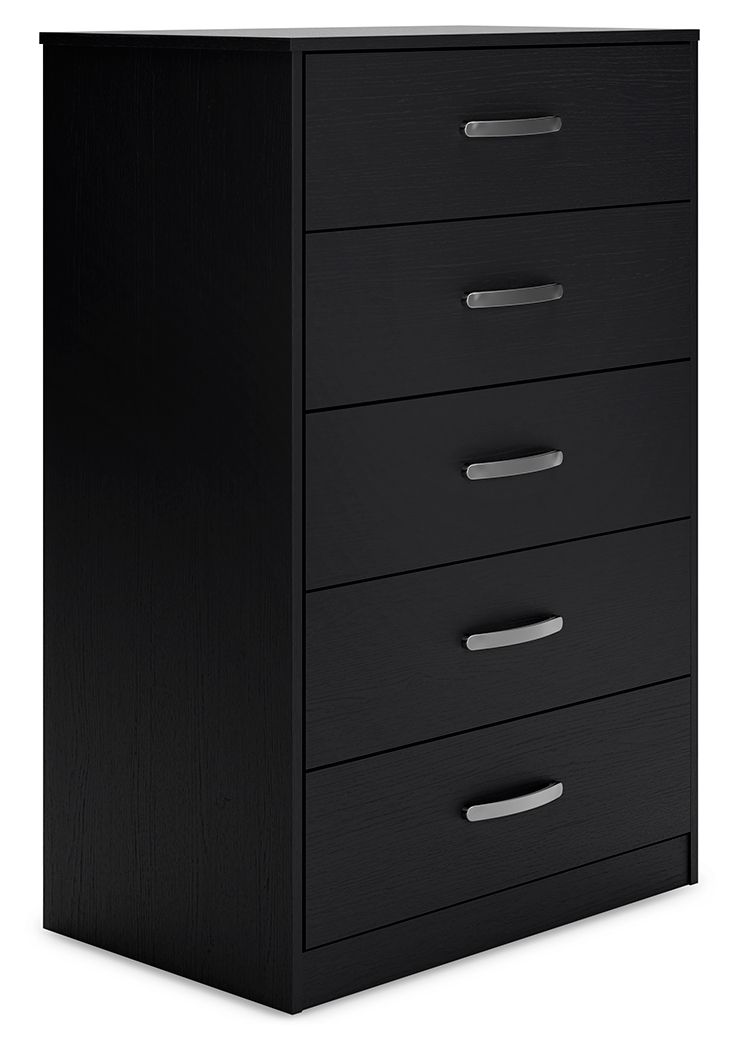 Black five-drawer chest with silver bar pulls, flat front panels.