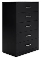 Black five-drawer chest with silver bar pulls, flat front panels.