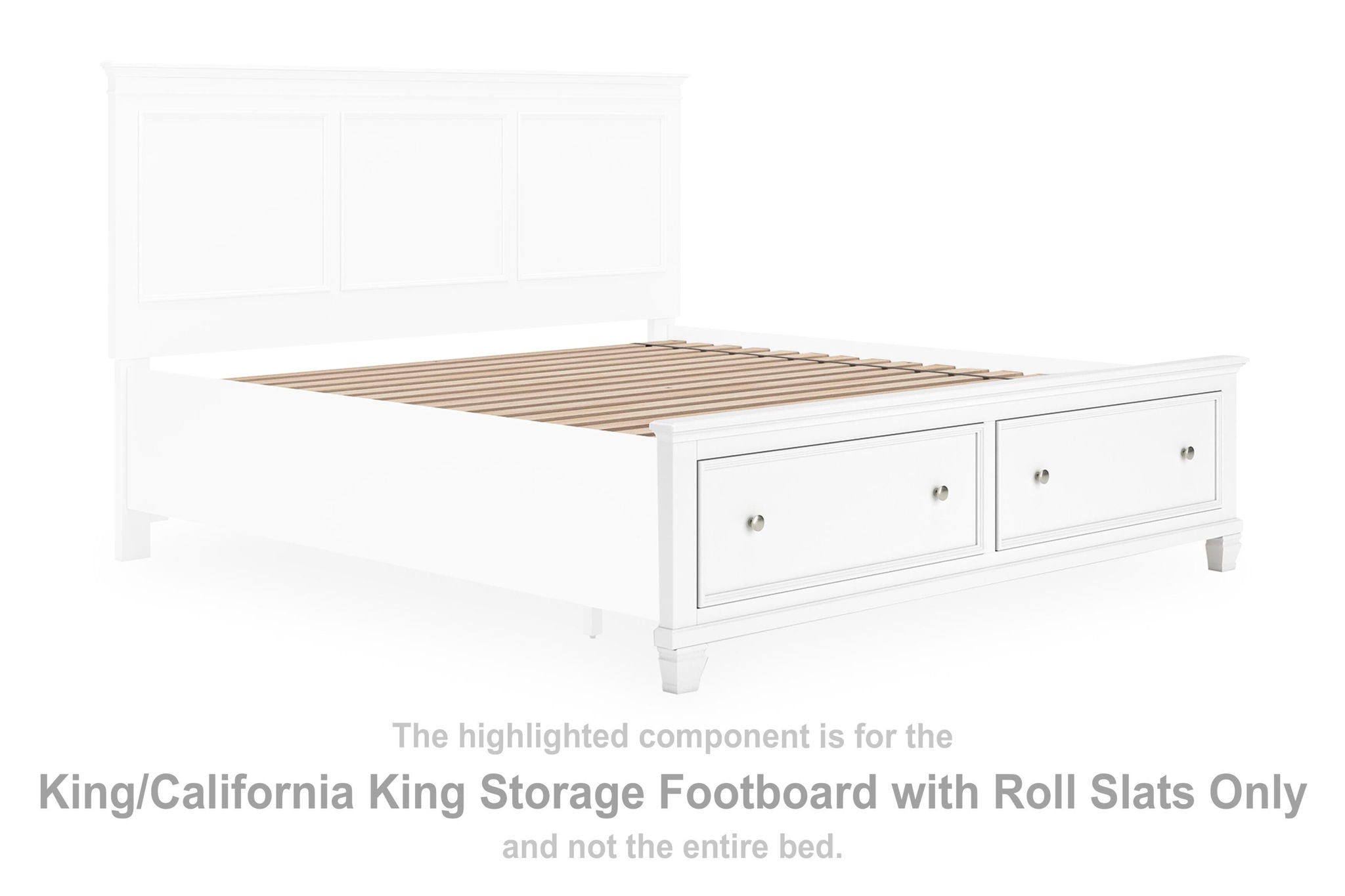White storage footboard with roll slats and three drawers, Fortman bed accessory