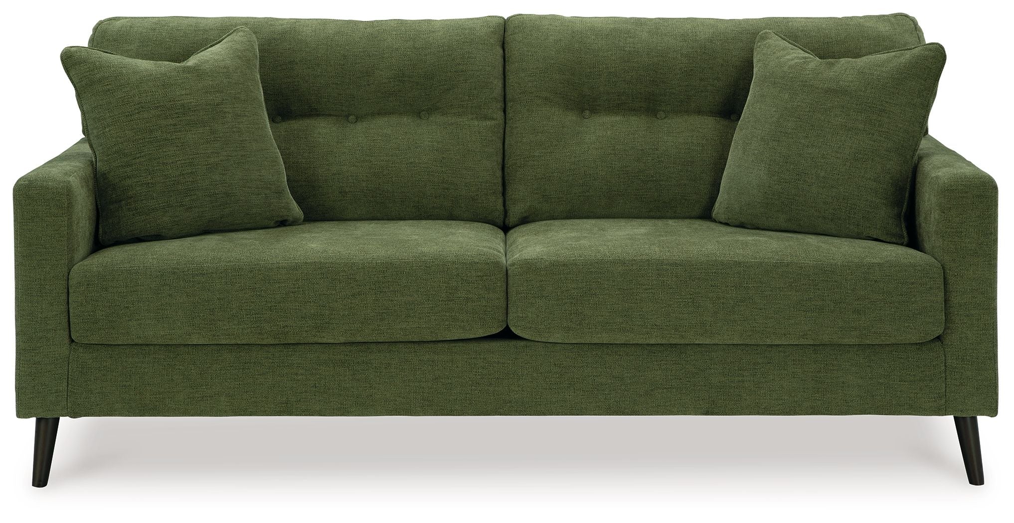 Olive green fabric sofa with two armrests and four back pillows
