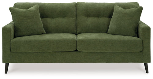 Olive green fabric sofa with two armrests and four back pillows