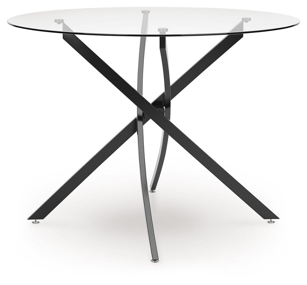 Round dining table with clear glass top and black X metal pedestal base