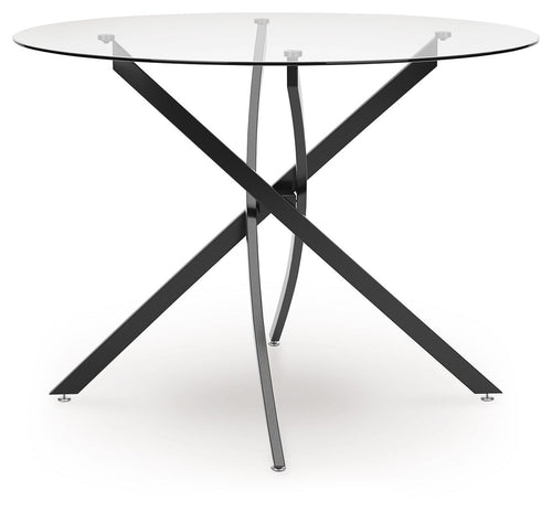 Round dining table with clear glass top and black X metal pedestal base
