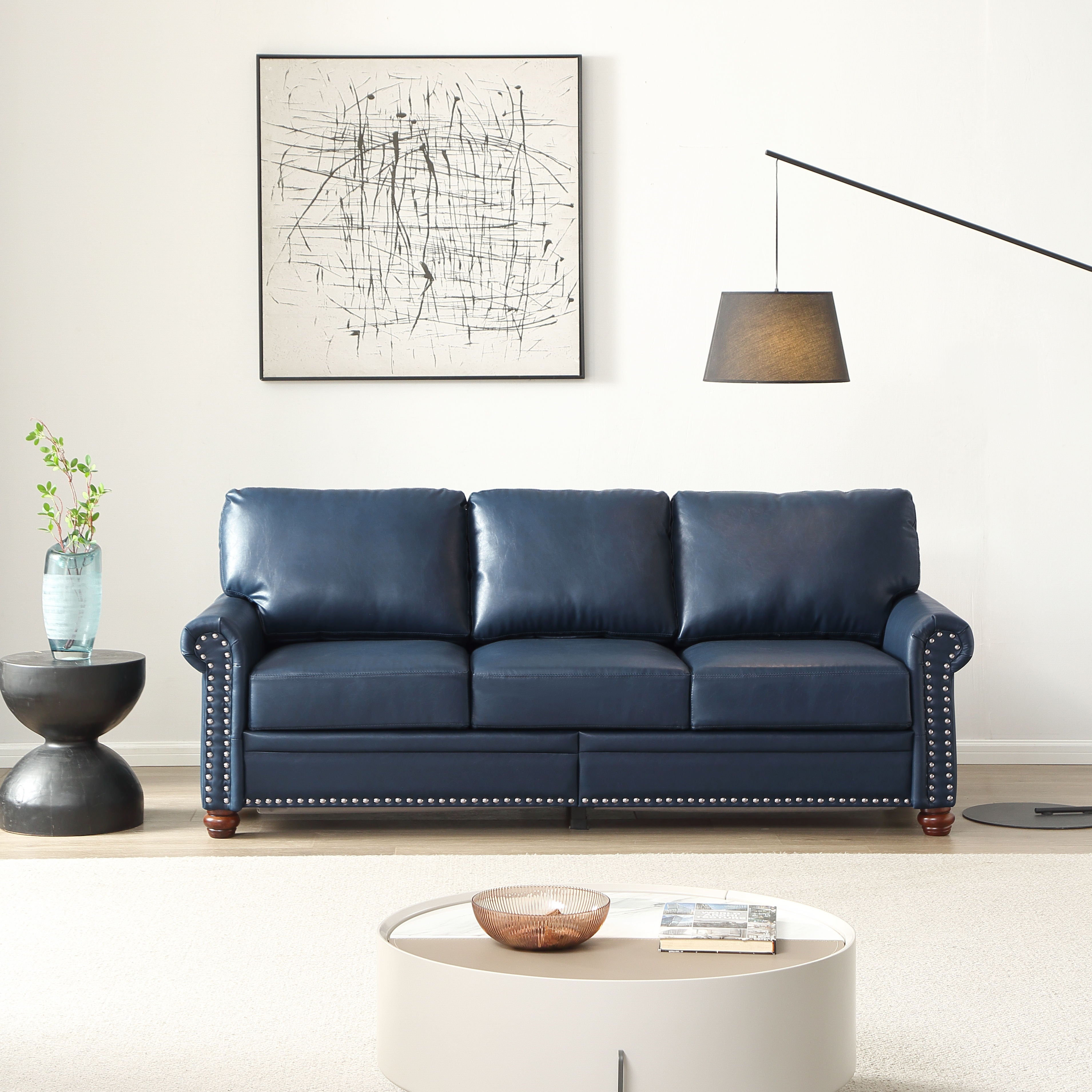 Classic Living Room Nails Sofa Navy Blue Faux Leather