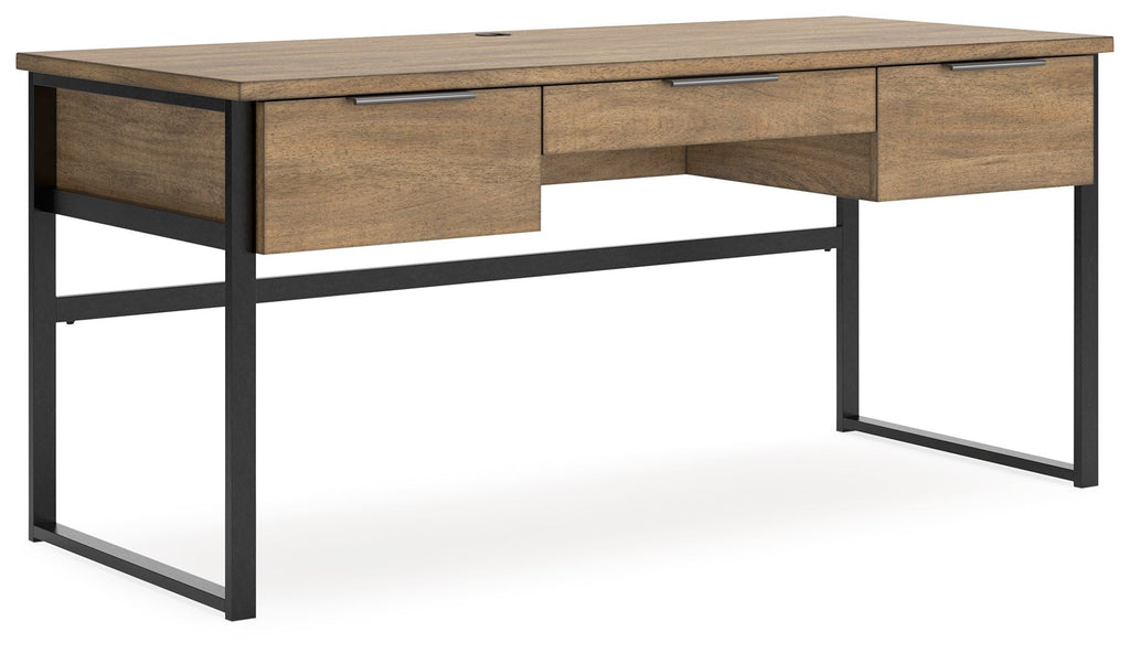 Light brown home office desk with three drawers and black metal side frame.