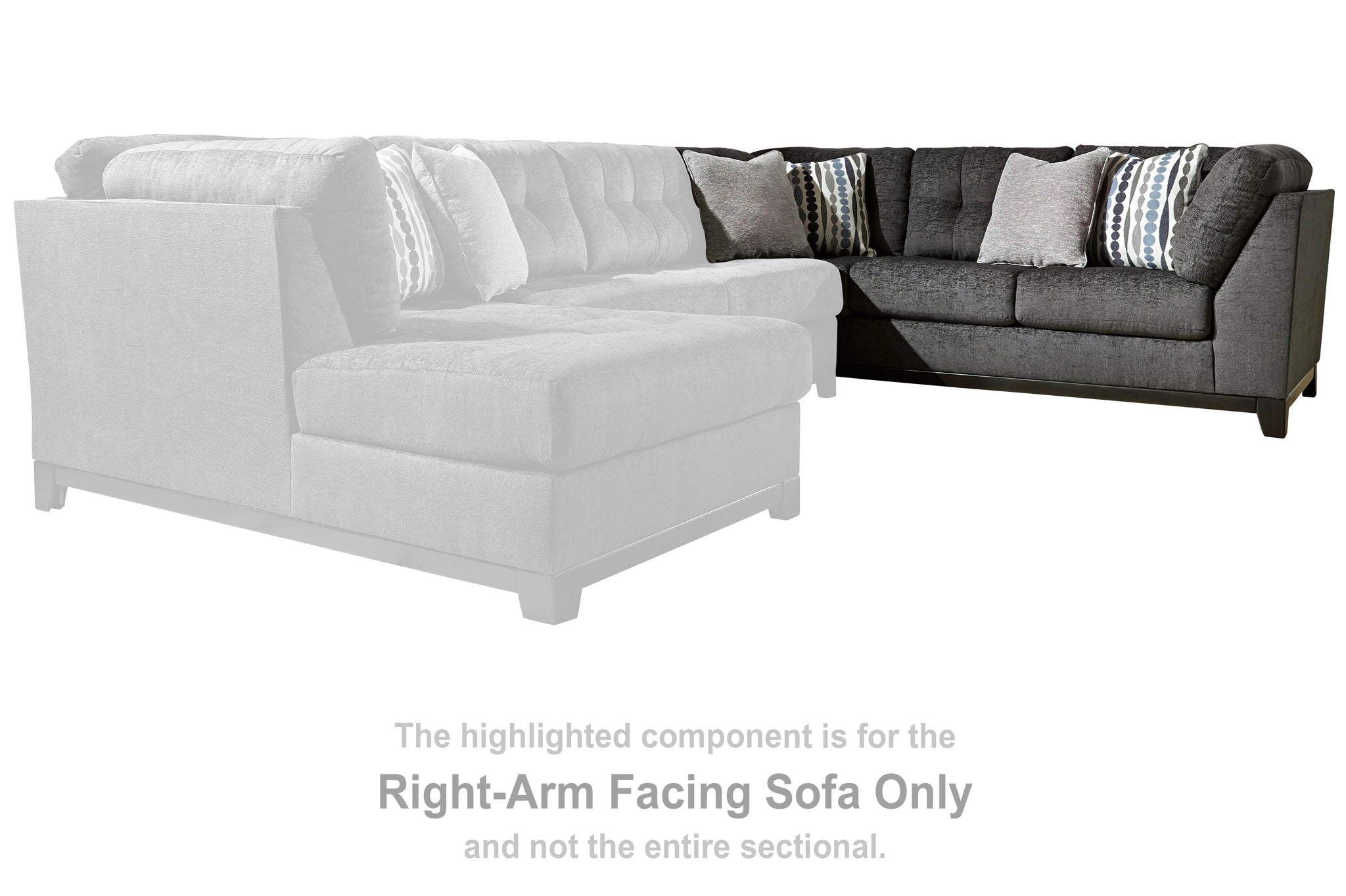 Light gray upholstered right-facing sofa with chaise, padded armrests and seat cushions
