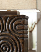 Antique brown lamp base column with carved spiral scroll details