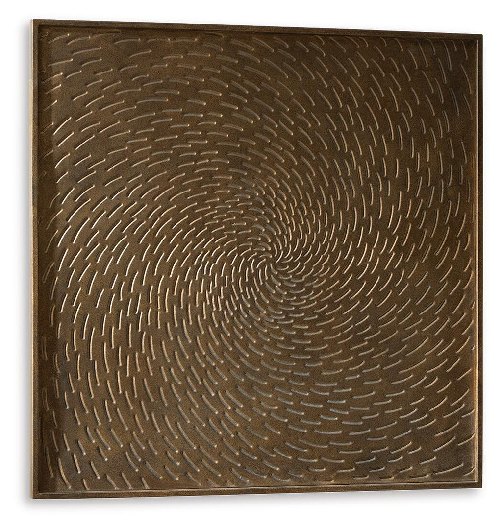 Antique brown square wall decor with centered spiral ripple relief, dark frame border