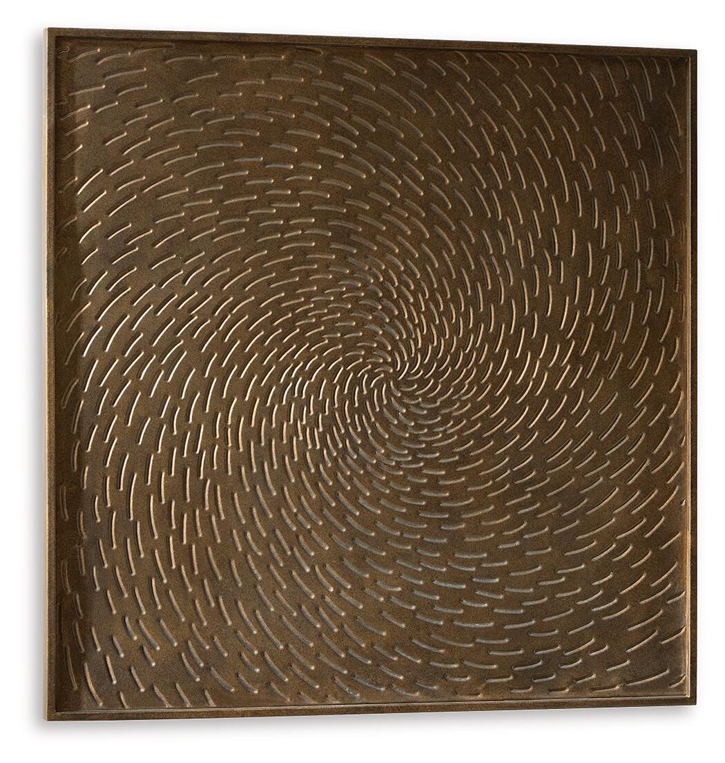 Antique brown square wall decor with centered spiral ripple relief, dark frame border