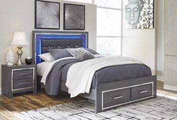 Gray king bed storage footboard with two drawer panels and open lower storage