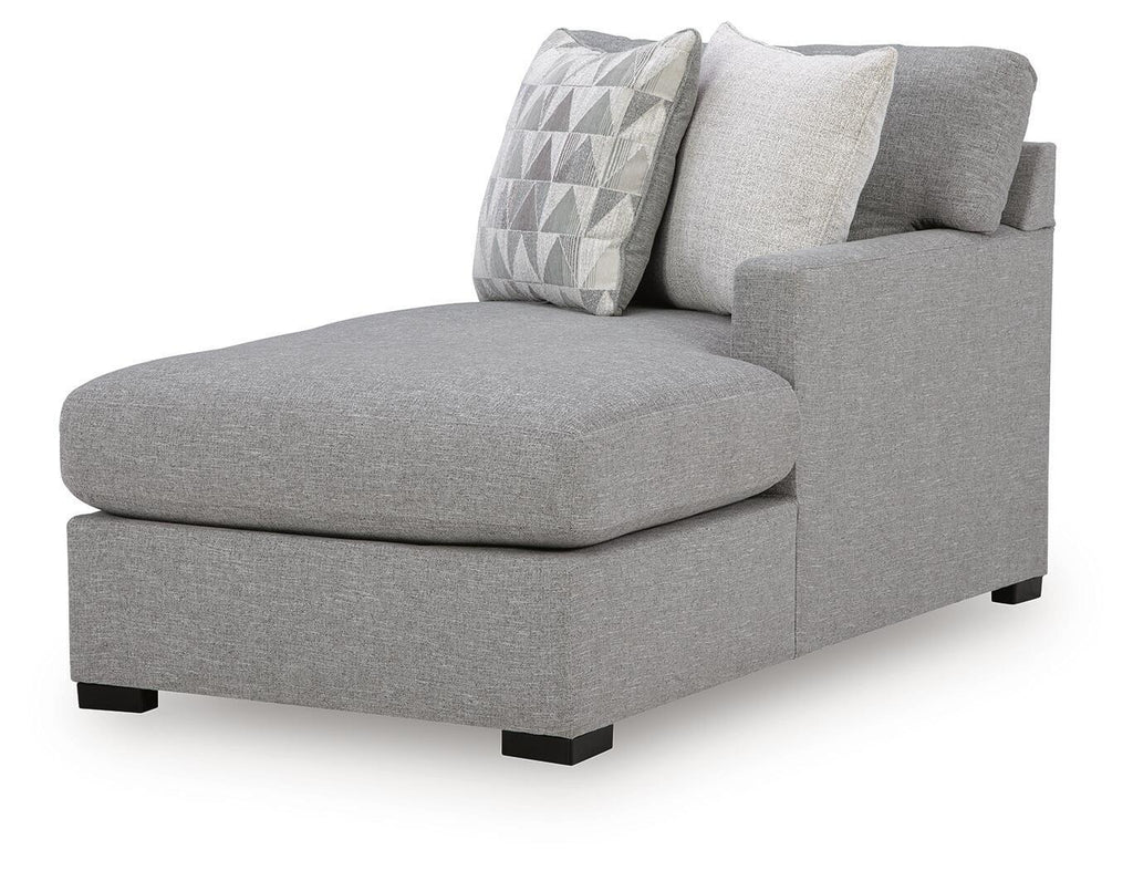 Pewter gray RAF corner chaise with two throw pillows and block feet
