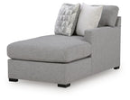 Pewter gray RAF corner chaise with two throw pillows and block feet