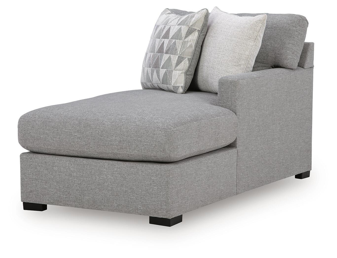 Pewter gray RAF corner chaise with two throw pillows and block feet