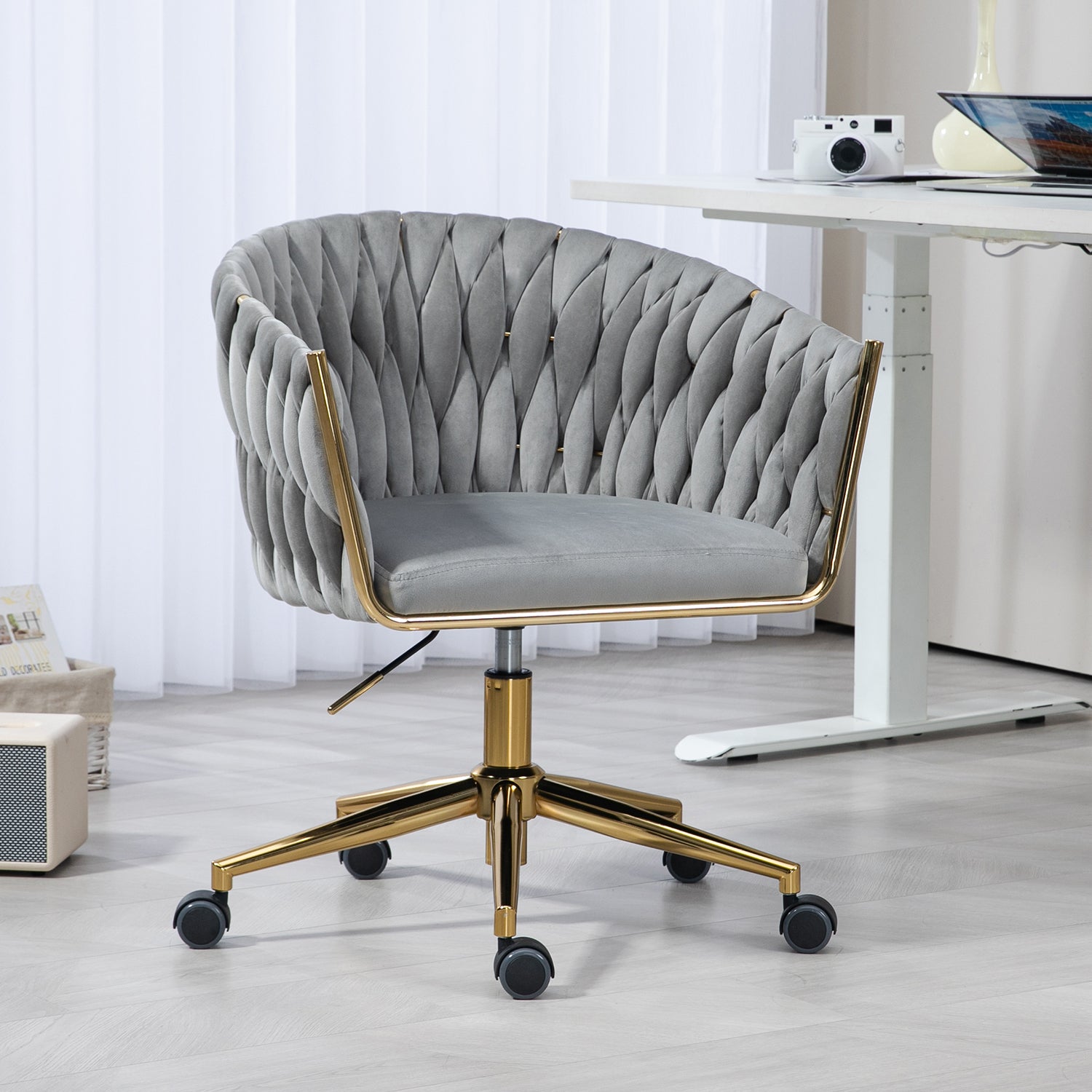 Modern Hand-Woven Office Chair with Wheels- Gray