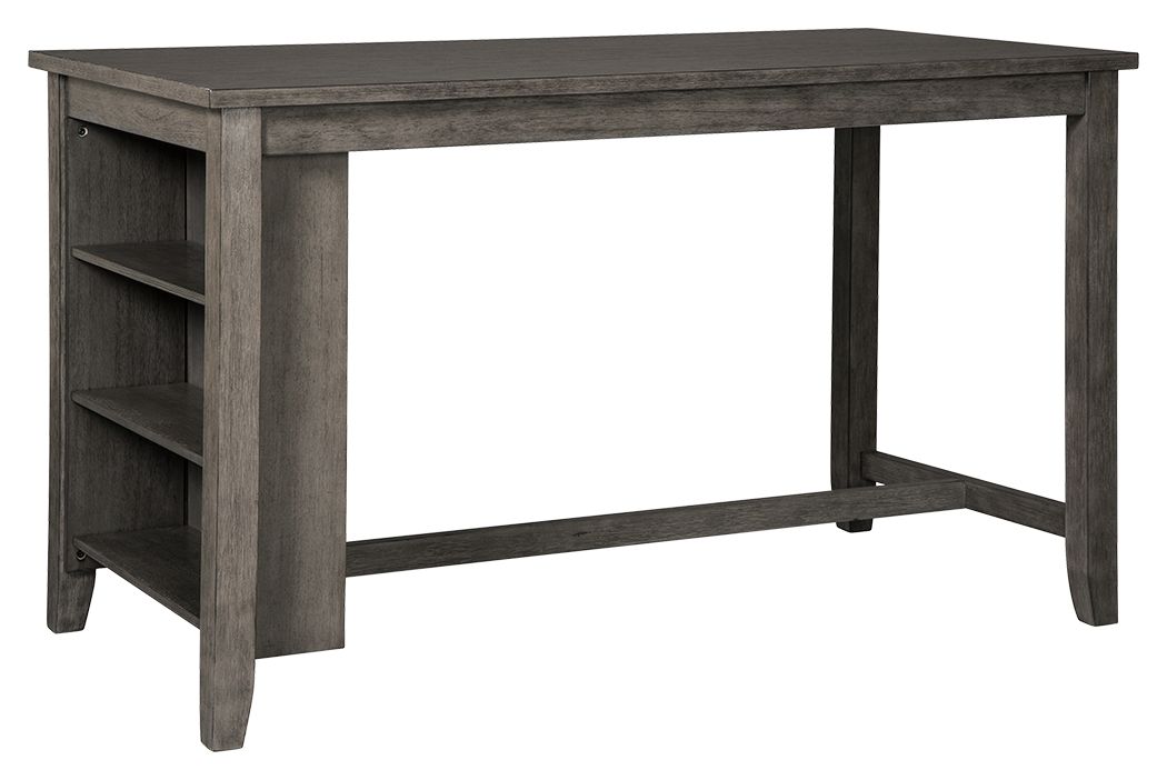 Gray rectangular dining counter table with open side shelves and flat top