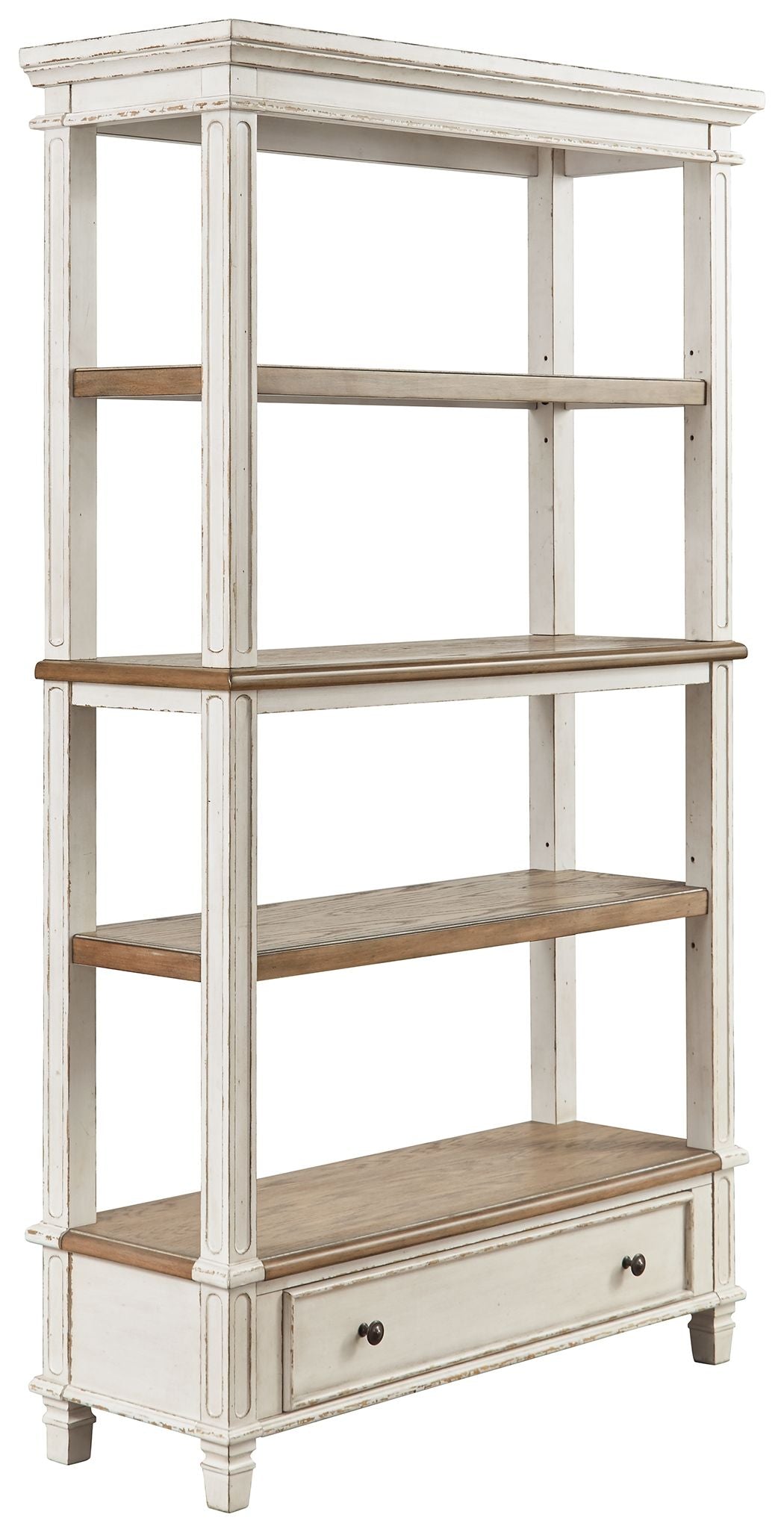 Brown and white wood bookcase with open shelves and a bottom drawer.