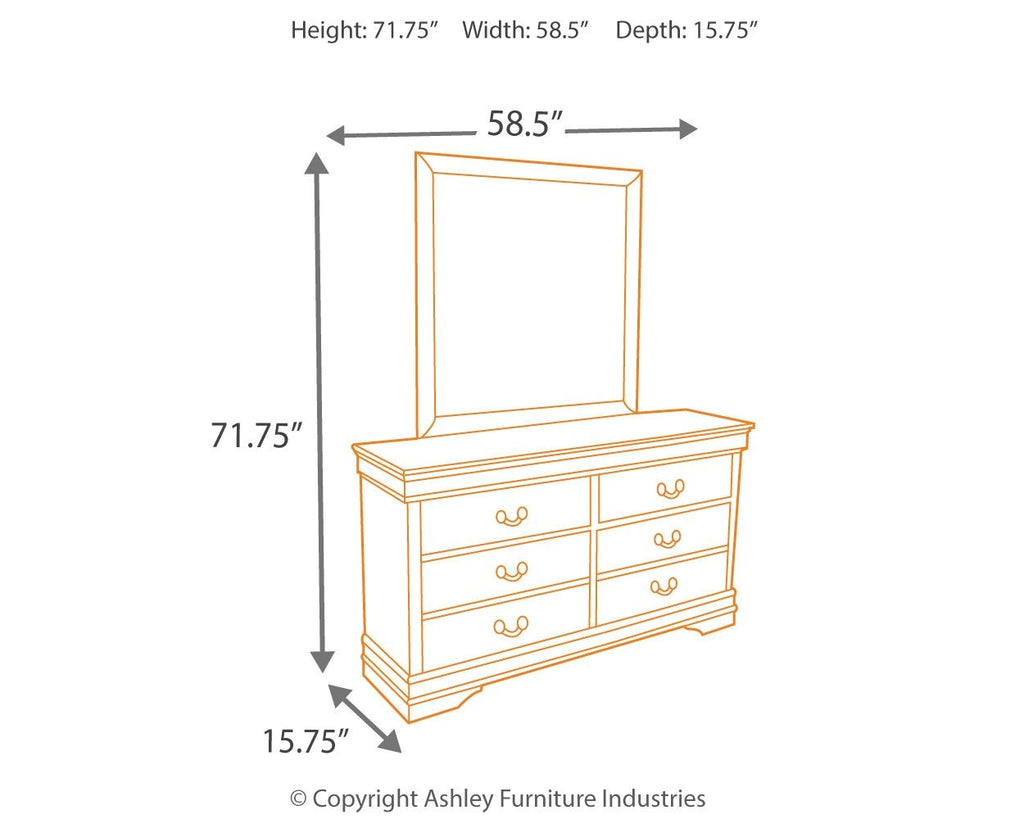 Reddish-brown dresser side view with six drawers and door panel, metal pulls