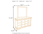 Reddish-brown dresser side view with six drawers and door panel, metal pulls