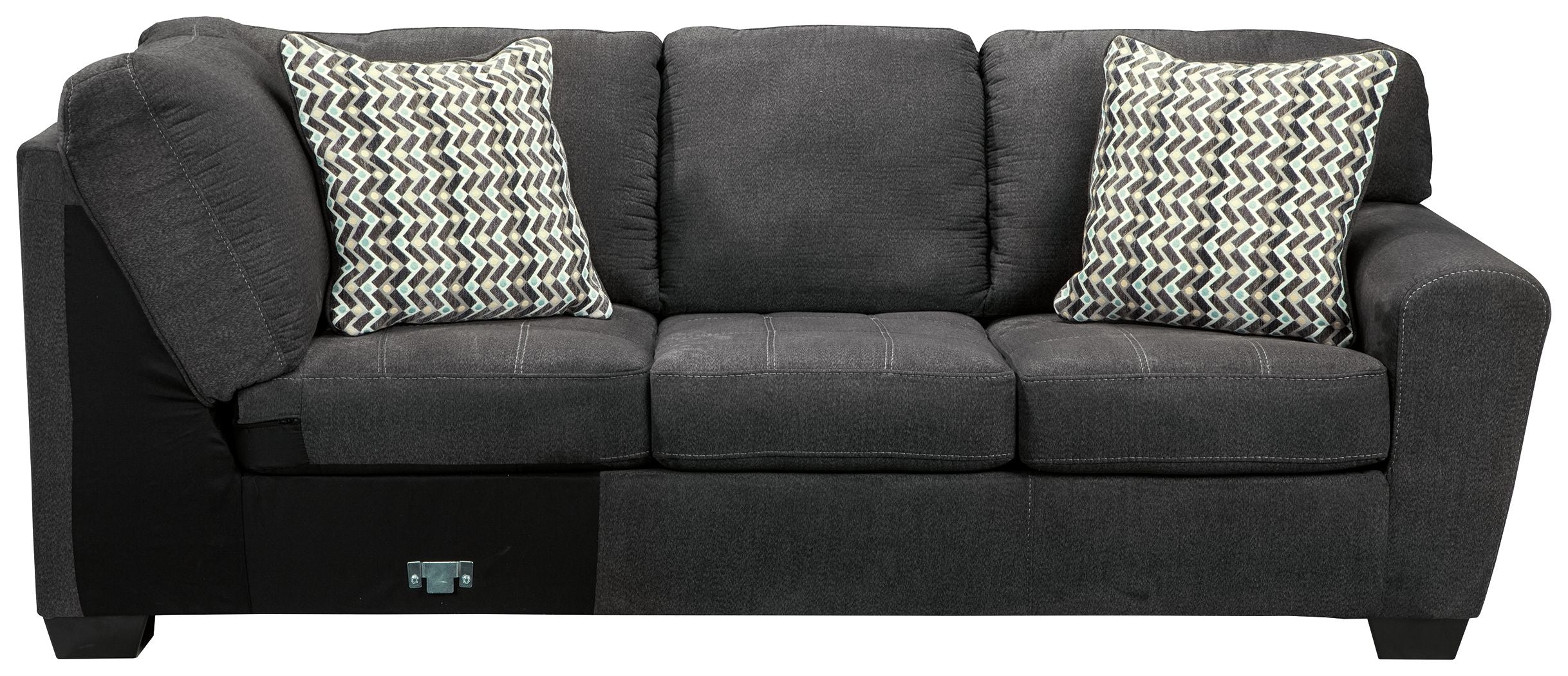 Slate gray RAF sofa with two chevron throw pillows