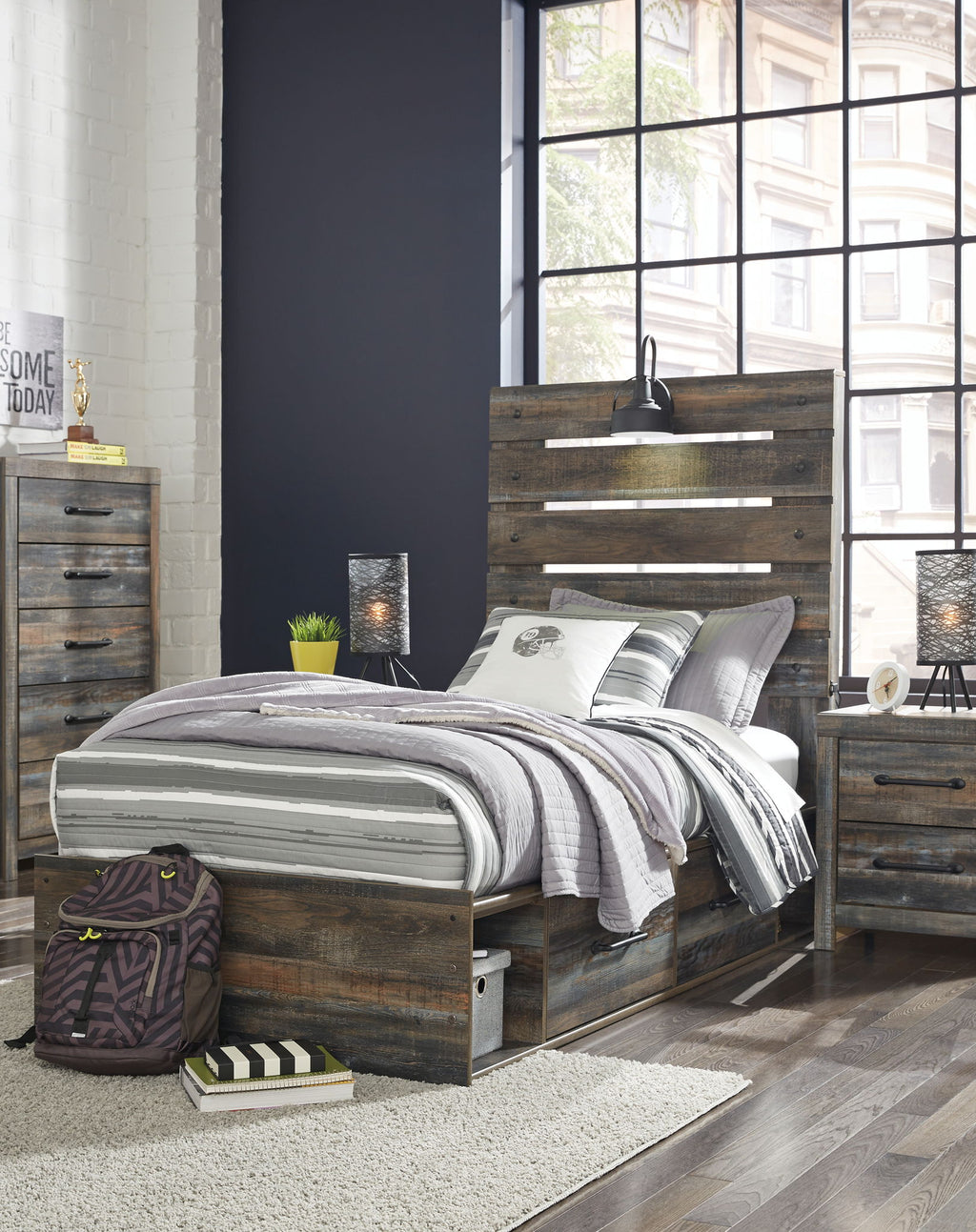 Panel bed with dark distressed wood frame and slat headboard; gray-and-white bedding