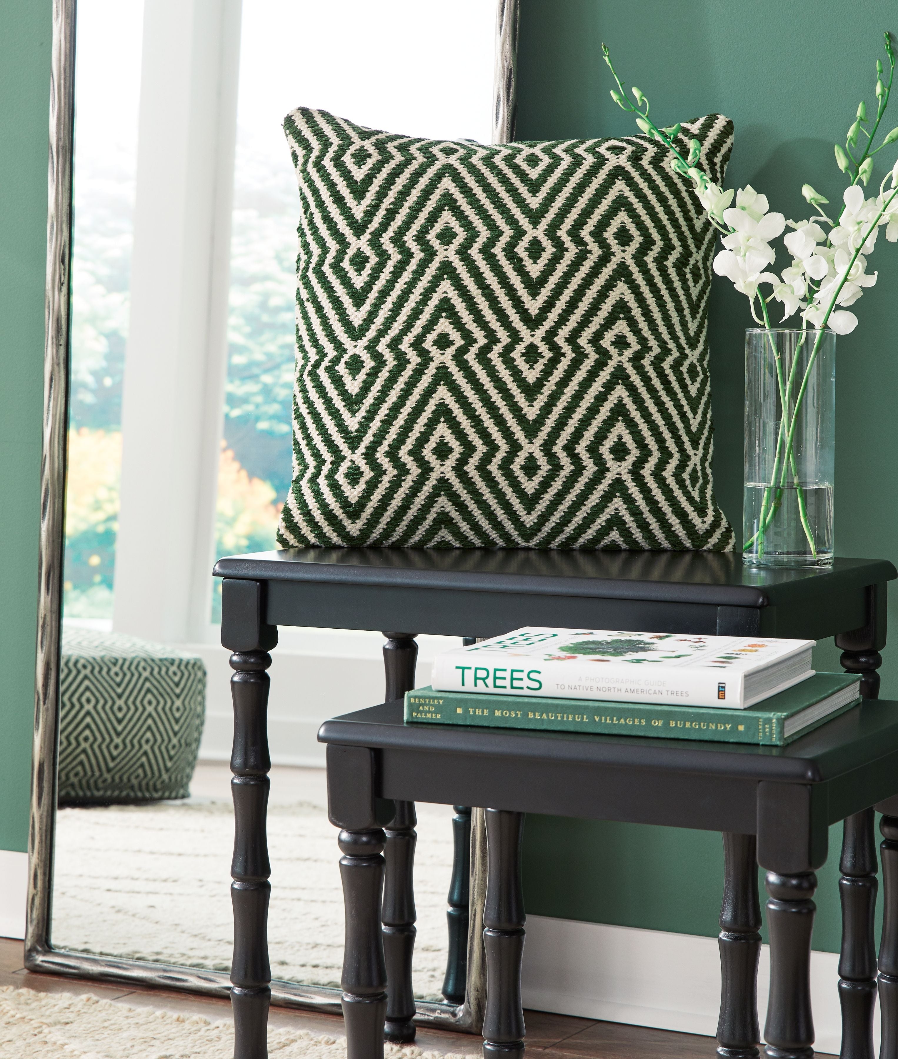 Digover square green geometric patterned pillow with cream reverse