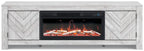 Fireplace TV stand with glass-front insert and chevron door fronts
