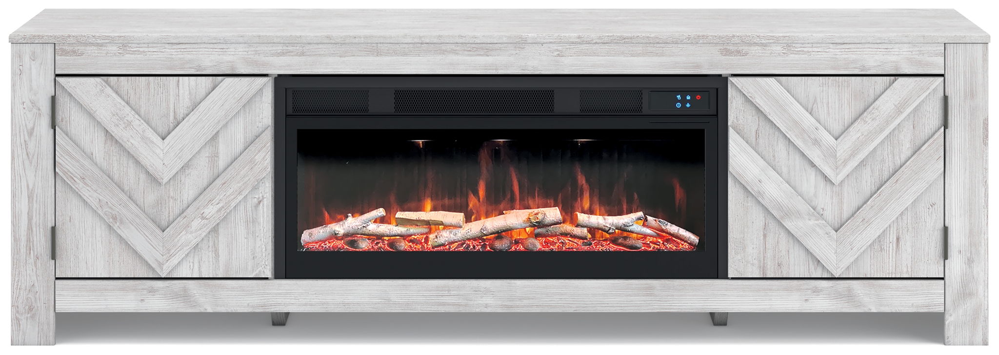 Fireplace TV stand with glass-front insert and chevron door fronts