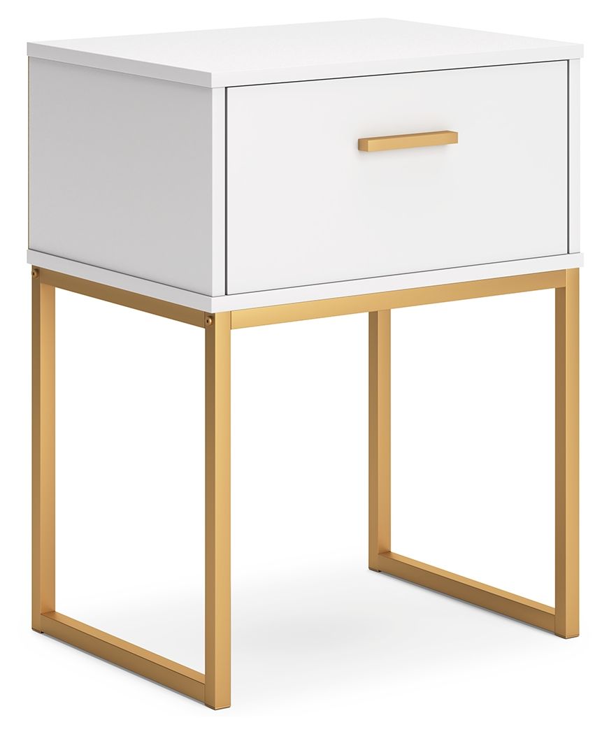 White night stand with one drawer and gold-tone bar handle, open under-frame.