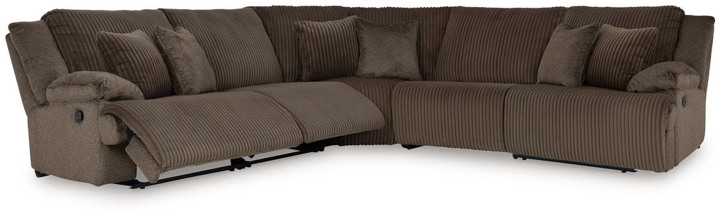 Chocolate brown reclining sectional sofa with padded back and striped upholstery