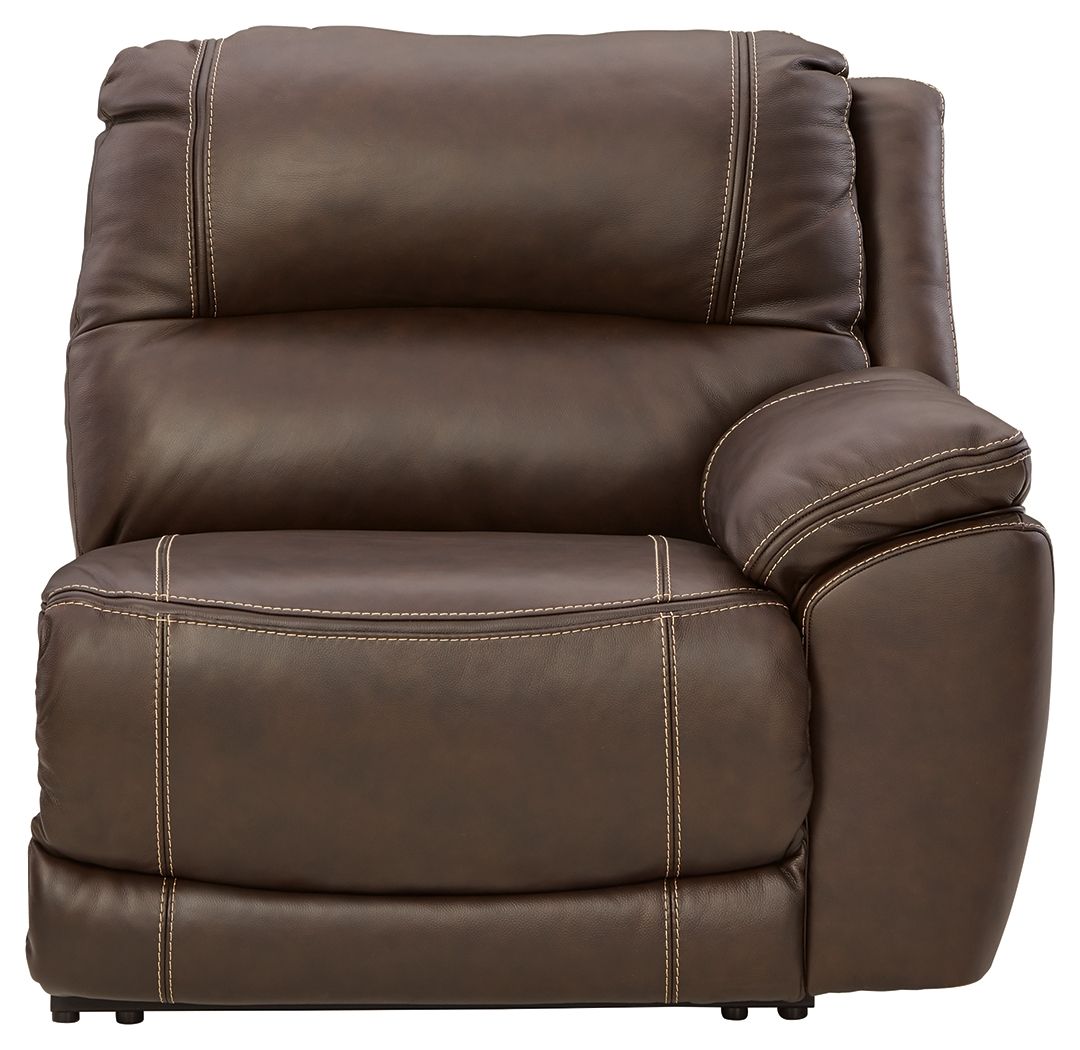 Chocolate brown leather-look power recliner with padded seat and armrests
