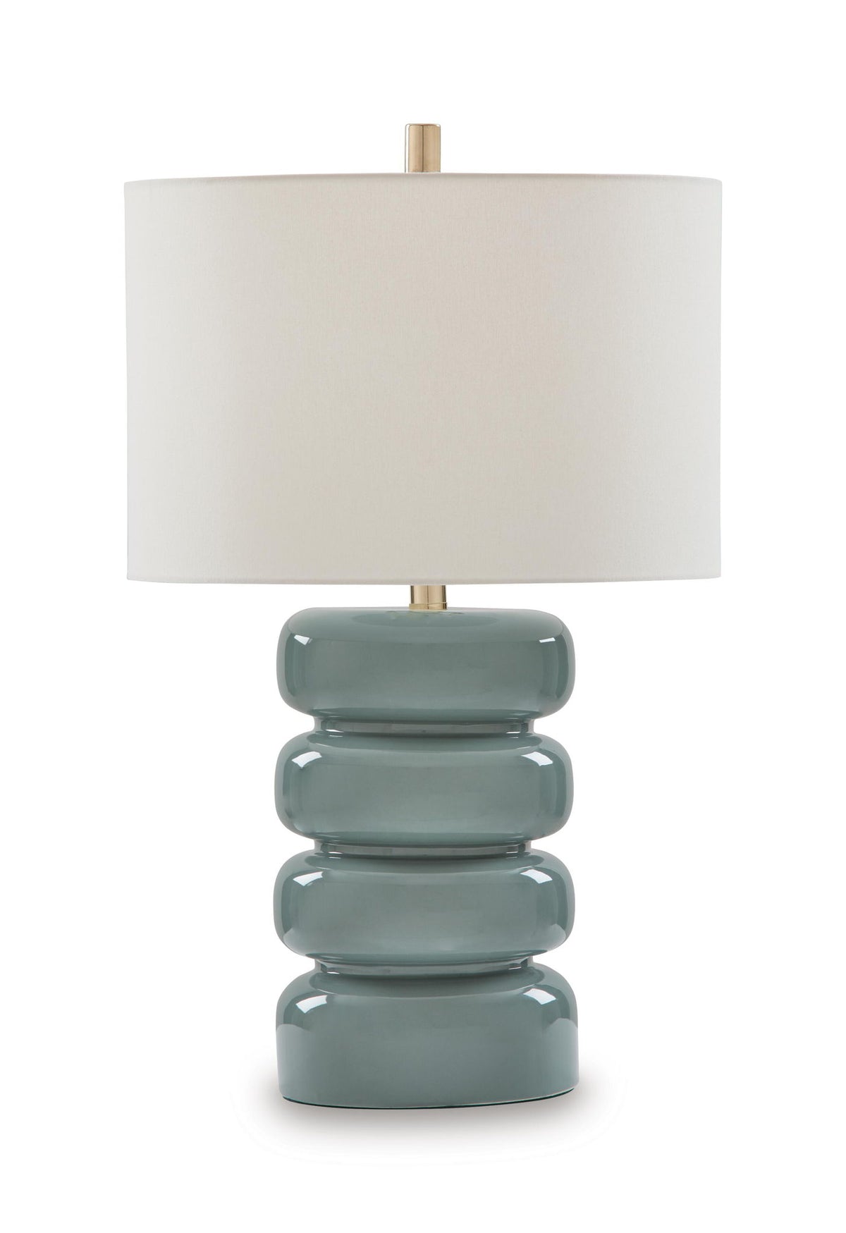 Ceramic table lamp with white shade and glossy gray-blue ceramic base