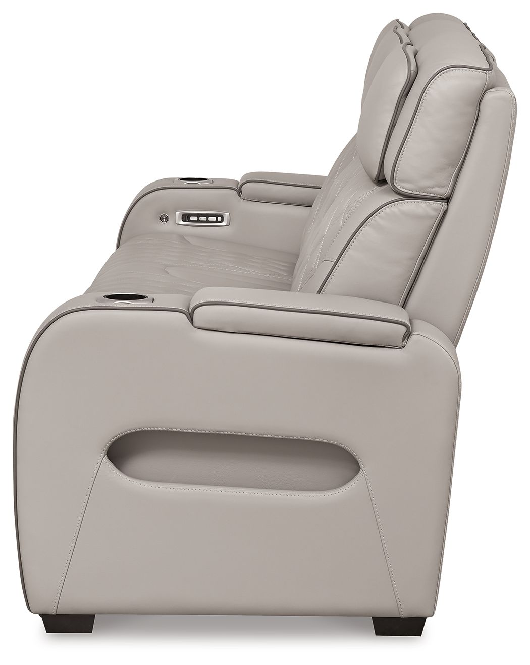 Gray power reclining chair with padded headrest, arm controls, and supportive seat