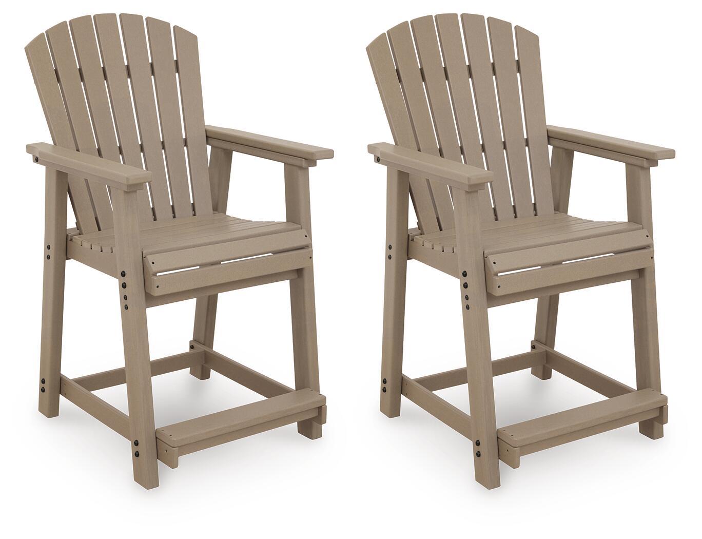 Two Seacliff Beach barstools, medium-brown wood with slatted backs and armrests