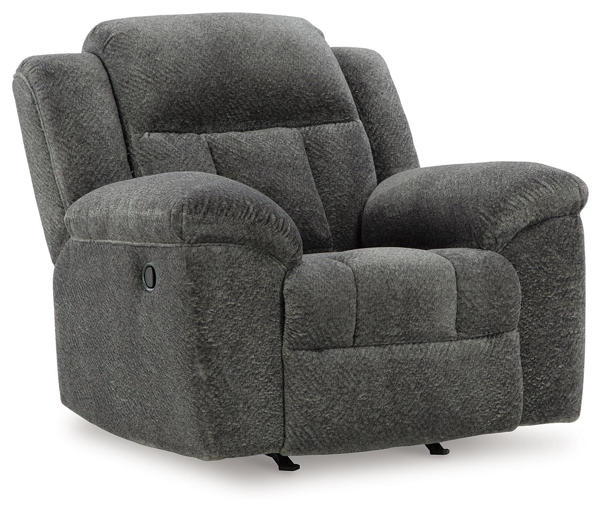 Graphite fabric rocker recliner chair with padded arms and tufted back