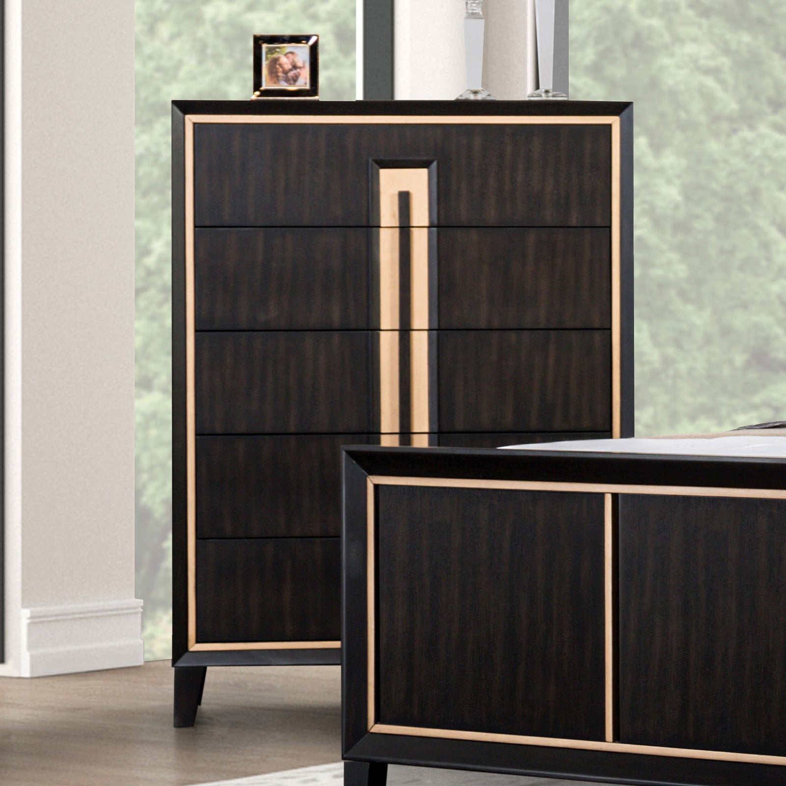 Contemporary Espresso Chest: 5-Drawer, Gold Accent, Felt-Lined