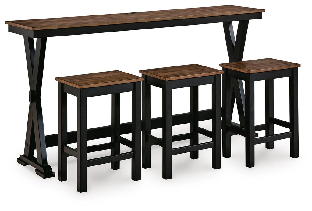 Rectangular dining counter table set with 3 matching square stools, brown and black