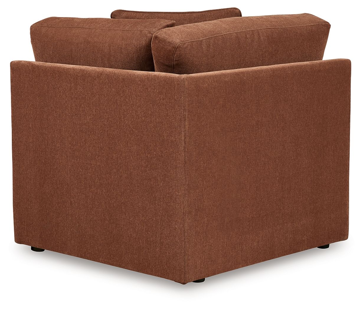 Brown fabric wedge armchair with track-style side panels and rounded back