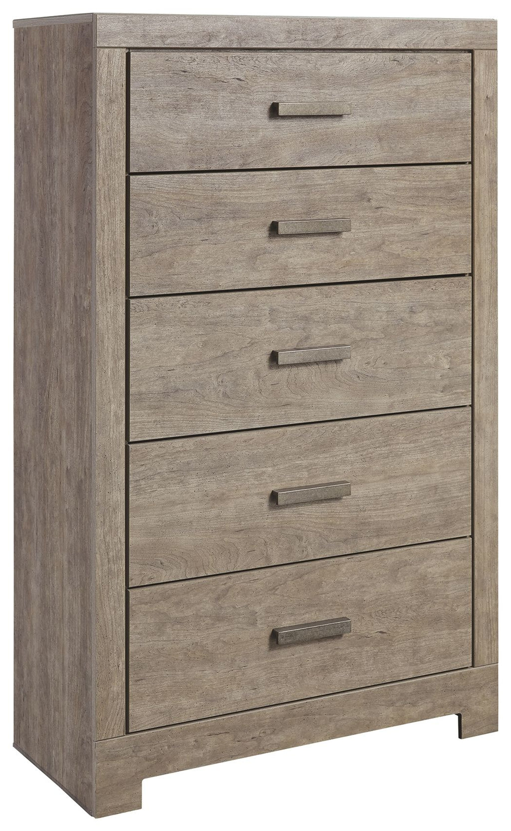 Gray five-drawer chest with metal bar pulls and rectangular drawer fronts