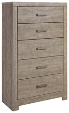 Gray five-drawer chest with metal bar pulls and rectangular drawer fronts