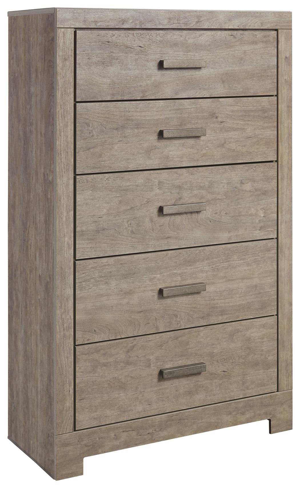 Gray five-drawer chest with metal bar pulls and rectangular drawer fronts
