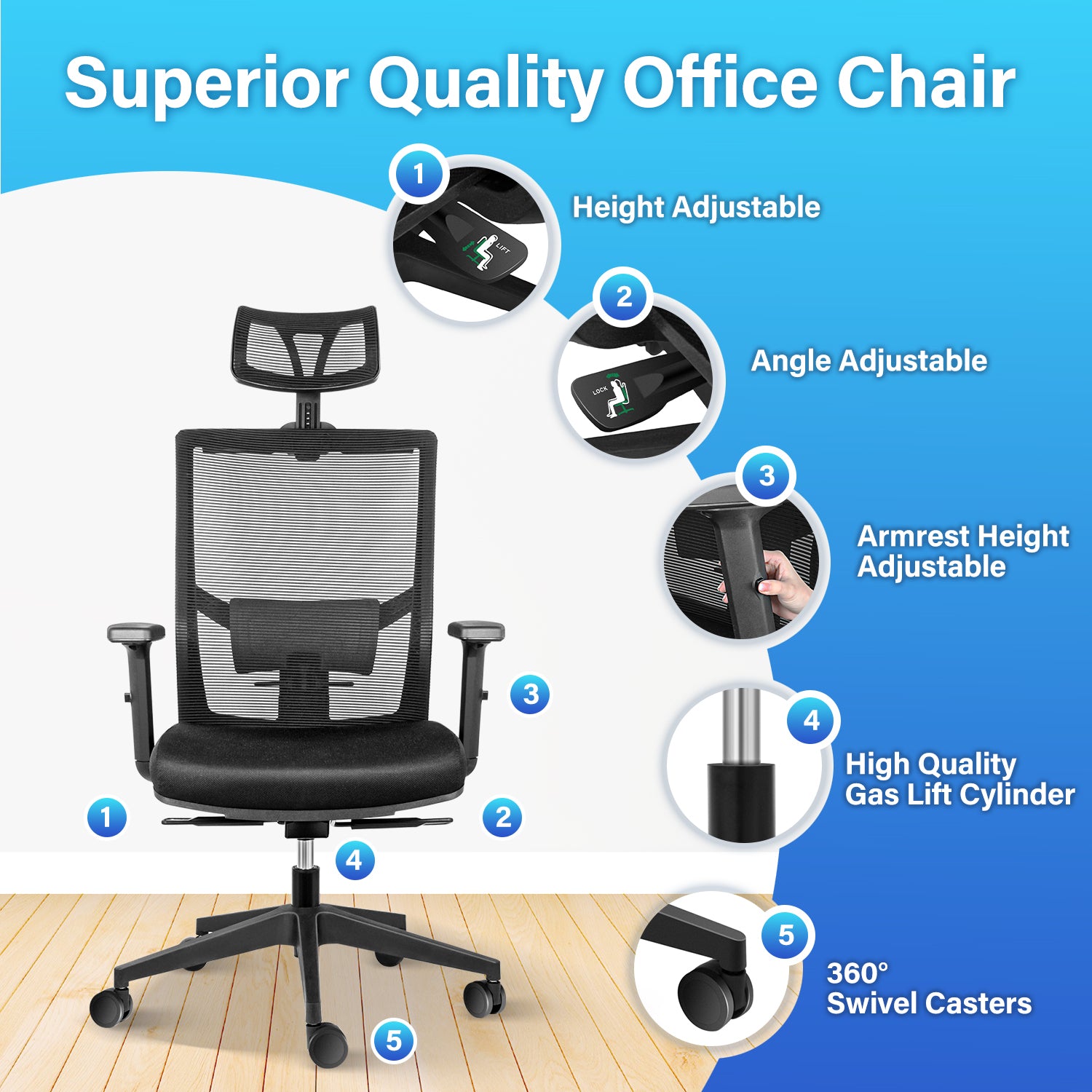 Ergonomic Mesh Office Chair w/ Lumbar Support, Arms & Wheels - Black