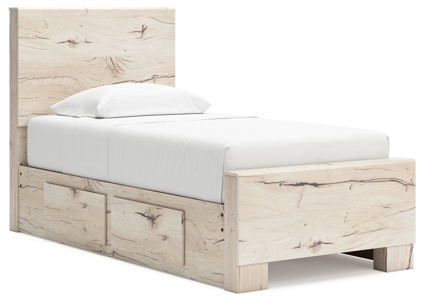 Light beige panel storage bed with upholstered headboard and drawer-front storage